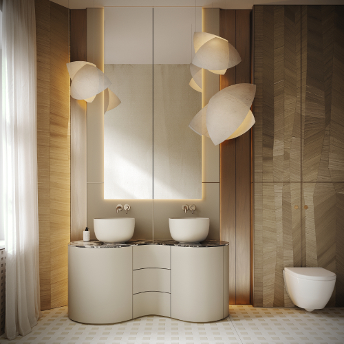 Svetlá kúpeľňa s dvojitým umývadlom, mramorovou doskou a elegantným osvetlením.