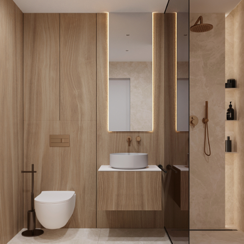 Moderná minimalistická kúpeľňa s dreveným obkladom, veľkoformátovou béžovou dlažbou, walk-in sprchou so sklenenou stenou a mosadznými detailmi.