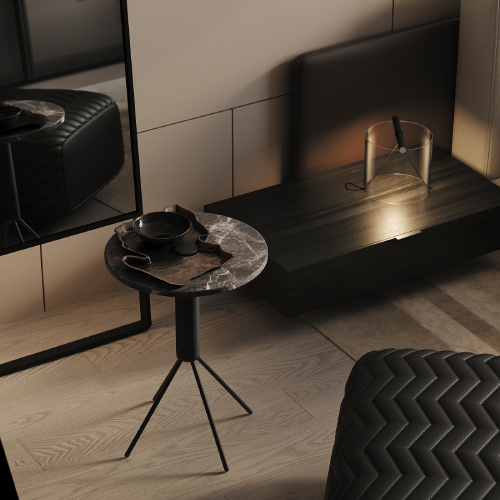 Elegantná spálňa s béžovými panelmi, čalúnenou posteľou a tmavým dizajnovým sedením.