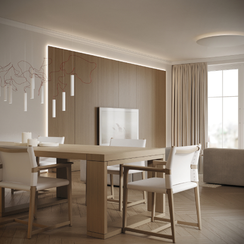 Moderná jedáleň s veľkým dreveným stolom, bielymi kreslami a dizajnovým osvetlením.