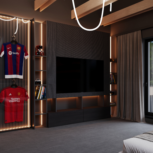 Podkrovná detská izba s pracovným stolom, veľkou posteľou a strešným oknom.