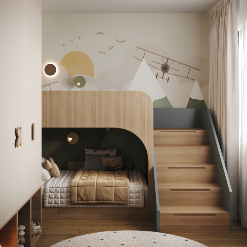 Detská izba s poschodovou posteľou, schodíkmi s úložným priestorom, prírodnými drevenými prvkami a hravou nástennou dekoráciou s motívom hôr a lietadla.