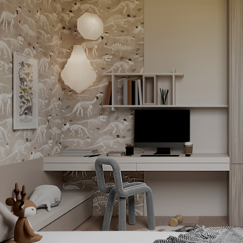 Moderná detská izba v podkroví s neutrálnymi tónmi, dinosaurou tapetou, minimalistickou posteľou, pracovným stolom a útulným dekorom.
