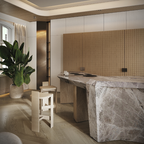 Moderná kuchyňa s drevenými akcentmi, ostrovčekom a vstavanými spotrebičmi.