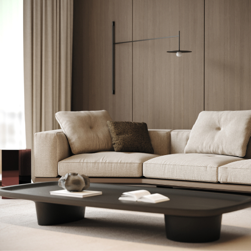 Moderný svetlý obývací priestor s veľkou béžovou modulárnou sedačkou, minimalistickým čiernym konferenčným stolíkom, dreveným obkladom na stene a veľkými oknami s neutrálnymi závesmi.